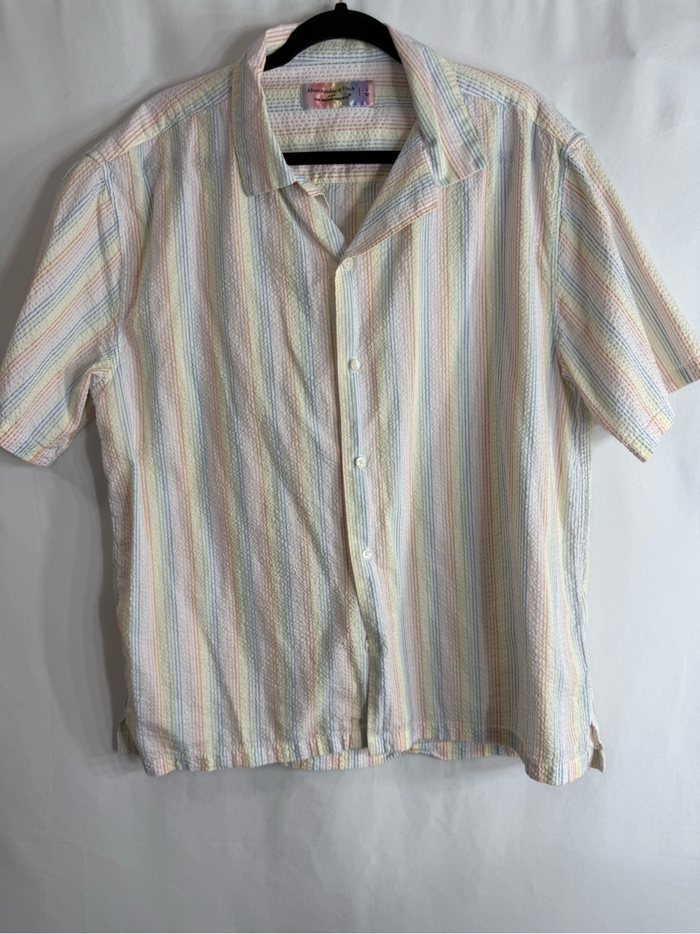 Abercrombie & Fitch x Trevor Project Rainbow Seersucker Button Up Shirt, size L